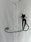 Women   s Cat Embroidered Cuffed Tie Hem Shirt Roll Up Sleeves Button Small Kitch
