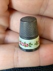 Antique Sterling Thimble Germany Mint Seafoam Green Enamel Guilloche Rose Floral