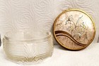 Vintage Art Deco Ribbed Glass Vanity Powder Jar Trinket Box Floral Metal Lid