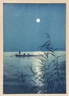 Print Woodblock Koho Shoda Ukiyo-e Japanese Fish Boat On Moonlit Sea Framed