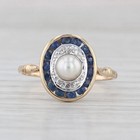 Vintage Cultured Pearl Sapphire Diamond Halo Ring 14k Yellow Gold Size 7