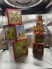 Vintage Mid Century Nesting Stacking Blocks Wooden Animal Illustrations 8pc