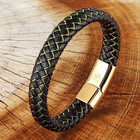 Wsesto Bracelet Black Leather Stainless Steel Magnetic Clasp 3 Colours Women Men