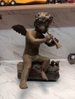 Vintage Komart Bronze Renaissance Style  Cupid Statue blowing  Horn With 2 Birds