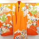 Used Shichigosan Japanese Girls Silk Kimono Orange Fan Pattern