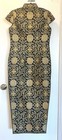 Chinese Traditional Black Gold Floral Brocade Cheongsam Dress Full Length Small