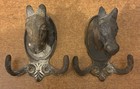 Pair Antique Cast Iron Horse Head Hooks  Heavy Barn Double Wall Mount  