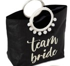 Team Bride Tote Bag Black White Detachable Woven Ring Handles Pom Pom Bridal New