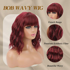 Red Wig With Bangs Short Wavy Wigs For Women Wine Red Curly Shoulde    Fast Ship