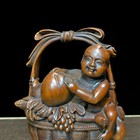 Old Boxwood Collectible Japanese Netsuke Child   Bamboo Basket Vintage Statue P3