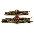 Vintage Pair Of Metal Barrettes Hair Clips With Red Art Glass Cabochons