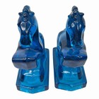 Vintage L e  Smith Glass Bluenique Blue Rearing Pair Blue Horses Mcm Book Ends