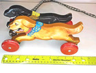 Vintage Schylling Running Dogs Wooden Pull Toy Racing Wheels Bell Chime