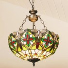Vintage Tiffany Glass Lighting Fixture  3-head Floral Chandelier  16in New Light
