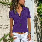 Womens Buttons Down Casual T-shirt Tops Ladies Work Ol Short Sleeve Blouse Tee