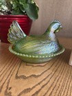 Indiana Glass Hen On Nest Iridescent Lime Carnival Glass 7643 New In Box  Nos