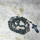 Blue Wood Bead Christian Rosary Necklace W  Metal Crucifix Cross   Saint Medals