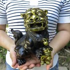 Vintage Copper Fu Lion Statues  Chinese Bronze Foo Dog Guardian Pair