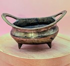 Vintage Chinese Etched Dragon Brass Censer Tripod Incense Burner Great Patina