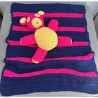 Hand Crochet Teddy Bear Plush Blanket Set Stuffed Animal Afghan Pink Blue Retro