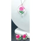 Vintage Lucite Reverse Carved Rose Necklace Screw Back Earrings Set Pink Flower 