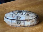 Vintage Camel Bone Inlaid Brass Oval Hinged Lined Trinket Storage Box India
