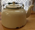 Vintage Cream Enamel Stove Top Tea Kettle W  Lid  Green Handle  Round