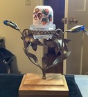 Brass Floral Epergne With Clarke Hand Decorated Pink Swirled Pyramid Size Shade