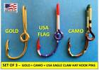 Gold   Camo   Usa Flag -- Eagle Claw Fish Hook Hat Pin Money Clip - Set Of 3 