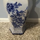 22    Antique Taiwanese Signed Blue   White Hexagonal Porcelain Vase W  Flowers