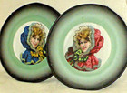 Rare Pair Of Antique Victorian Flue Covers  Young Girls In Fur Trimmed Capes 