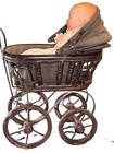 Antique Victorian Style Wicker   Bead Doll Buggy Carriage Cast Iron Wheels