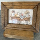 Vintage Wooden Mini Frame With Base Cat Scene Primitive Small Scale Cottagecore