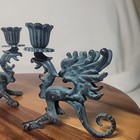 Pair Of Vintage Gothic Blue Gray Cast Iron Griffin Candlestick Holders 5 5 h 5 w