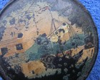 Antique Early 19th C Papier Mache Round Tobacco Box-oriental Sailing Ship Top