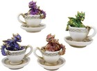 Ebros Metallic Baby Wyrmling Dragons In Tea Cups With Saucers Figurine Set 4 5 h