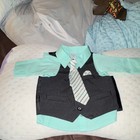 George Boys 12-18m 4pc Suit Set Mint Dress Shirt Black Pinstripe Vest Tie