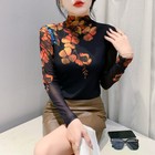 Womens Autumn Mock Neck Long Sleeve Print Mesh Elegant Slim T Shirt Blouse Tops