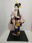 Vintage Japanese Ningyo Doll Silk Kimono Gofun Face 21in Lacquer Base