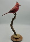 Beautiful Life Size 8    Male Cardinal Red Bird Carved On Branch Wood Base Signed