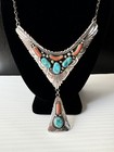 Vtg Native American Navajo Sterling Silver Turquoise Coral Bib Drop Necklace 60g