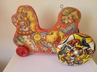 Antique 1900 s Metal Masters Wooden Horse Push Pull Toy Tin Wheels Litho Dog