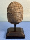 Authentic Vintage Small Carved Stone Buddha Head On Wooden Stand  a