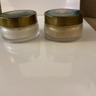 Antique Powder Trinket  Jar Set Of Two Ribbed Glass With Lids Gold And Blue