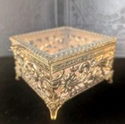 Vintage Square Filigree Ormolu Jewelry Trinket Box With Hinged Beveled Lid