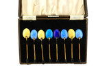 Vintage English Sterling Silver Gilt Enamel Demitasse Coffee Bean Spoons Box 8