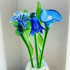 Set Of 5 - 19  Long Stem Blue Green White Glass Flower - Murano Hand Blown