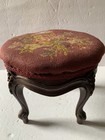 Vintage Carved Wood Footstool Foot Stool Ottoman Needlepoint Seat - Flowers