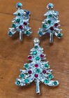 Vintage 90 s Rhinestone Christmas Tree Pin   Brooch Clip On Earring Set