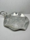 Vintage Hammered Aluminum Dish Tray  W  Curled Handle  Leaf Engravings Design